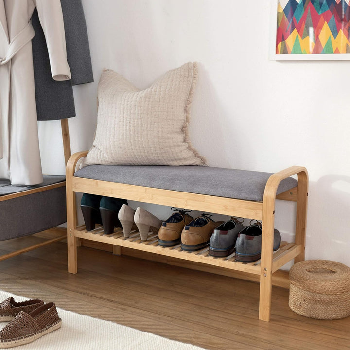 Lumaland Schuhregal aus Bambus mit Sitzbank + 1 Ebene - 90x50x30 cm Grau 2 Etagen (90 x 50 x 30 cm),