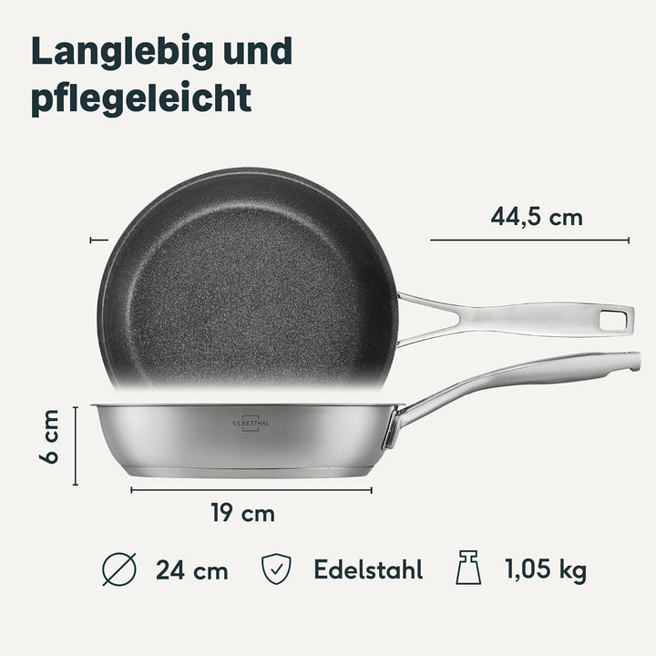 SILBERTHAL Bratpfanne Induktion 24 cm - Beschichtete Pfanne - Edelstahl - Für alle Herdarten - Ofenf