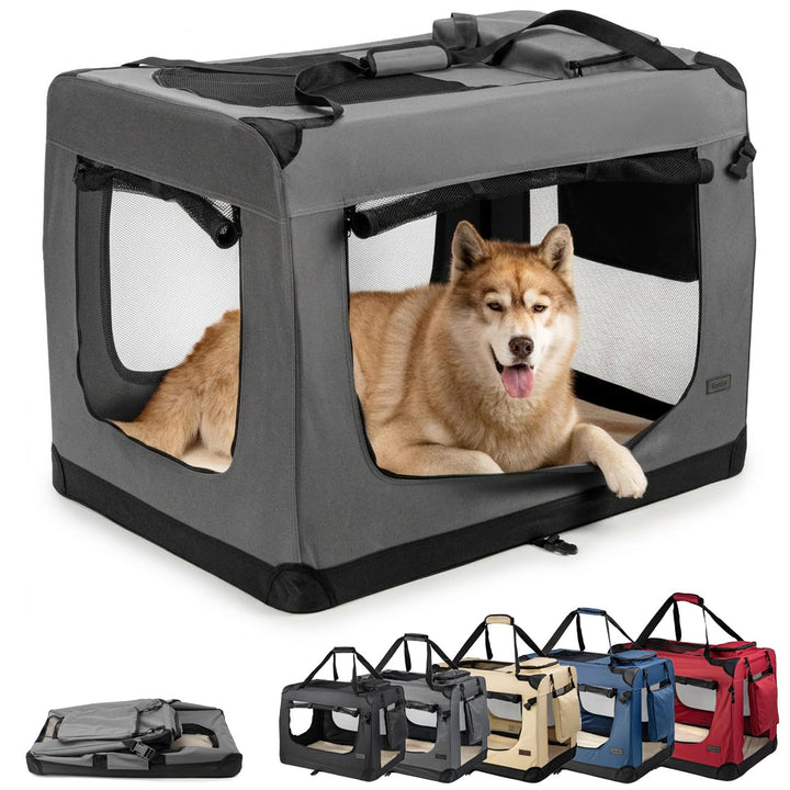 lionto Hundetransportbox faltbar für Reise & Auto, 101x69x70 cm, stabile Transportbox mit Tragegriff