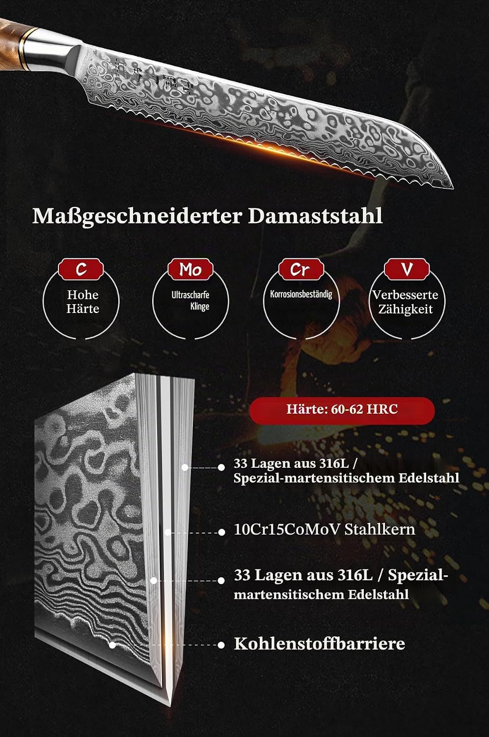 HEZHEN Damast Brotmesser, Profi Kuchenmesser mit Wellenschliff, Gezackten Küchenmesser, Ergonomische