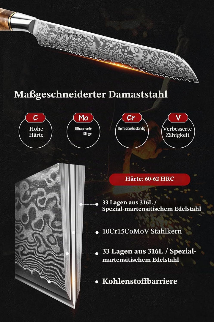 HEZHEN Damast Brotmesser, Profi Kuchenmesser mit Wellenschliff, Gezackten Küchenmesser, Ergonomische