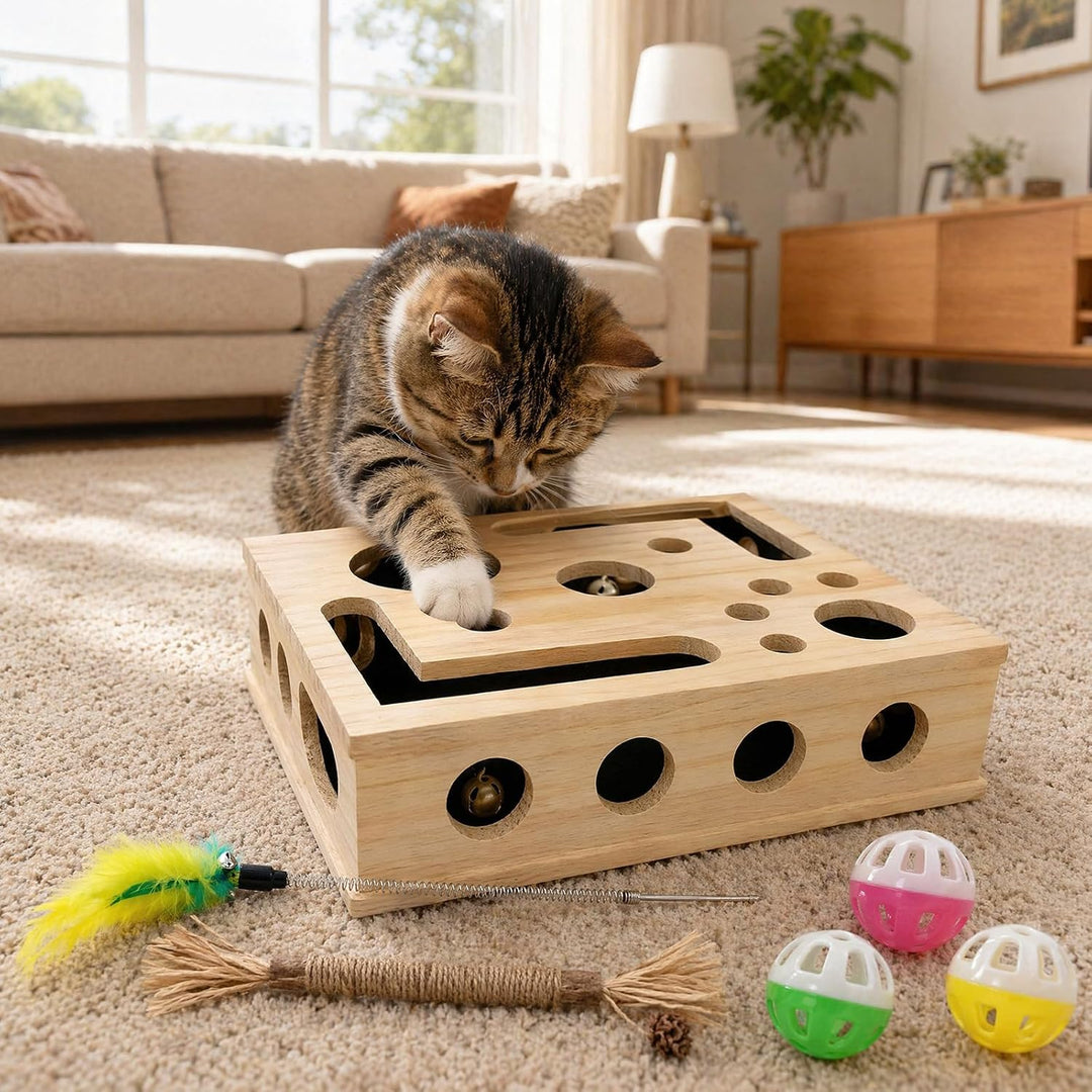 Kratzpuzzle Spielbox Holz, 30 x 25 cm Beschäftigungsbox Krallenfeile Katzen mit 3 Bällen, Katzenspie