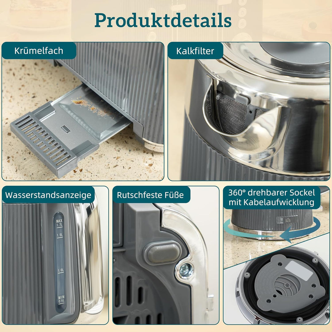 HOMCOM Wasserkocher Toaster Set 1,7L 2200W Schnell Wasserkocher mit Edelstahl-Innenraum, Entkalkungs