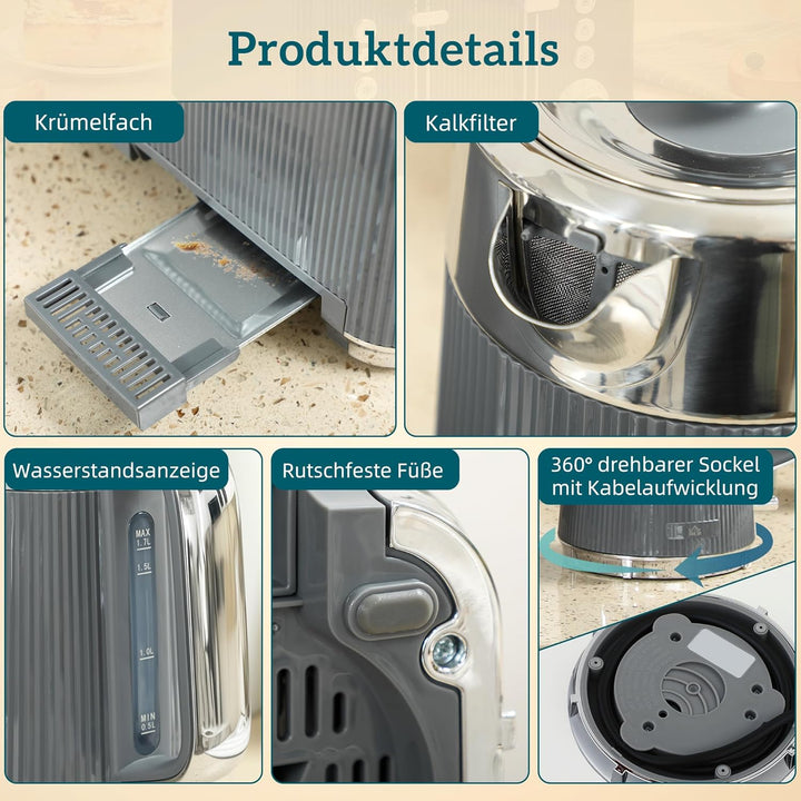 HOMCOM Wasserkocher Toaster Set 1,7L 2200W Schnell Wasserkocher mit Edelstahl-Innenraum, Entkalkungs