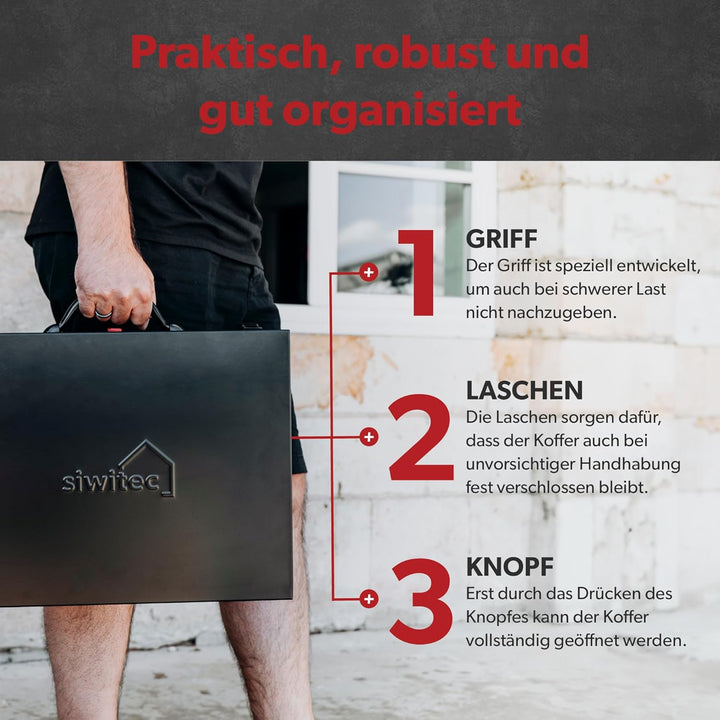 Stahlblechkoffer mit 23 tlg. Sortimentskasten, 43,1 x 33,5 x 6,8 cm, Sortierbox aus Edelstahl, Werkz