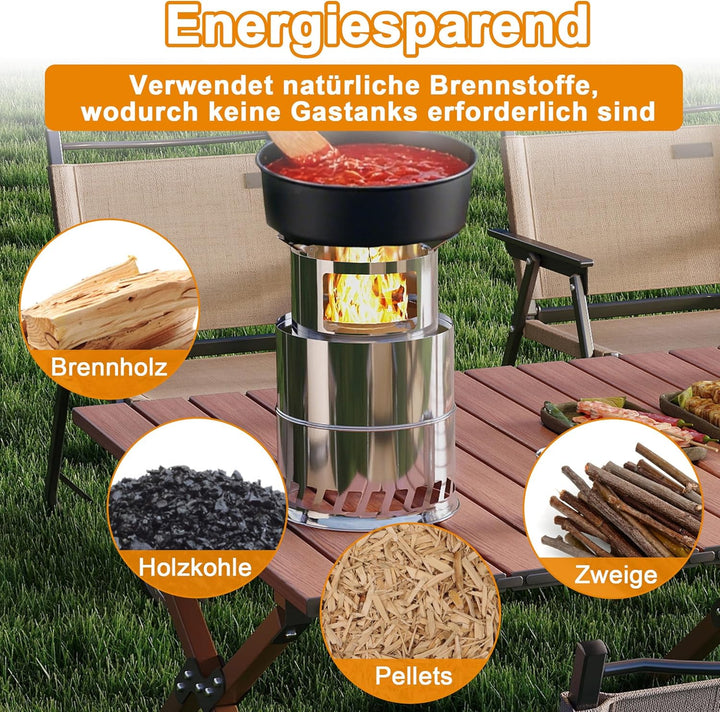 Holzofen Campingkocher aus Edelstahl, Hobo Kocher mit rutschfestem Topfständer für Pfannen, Töpfe &