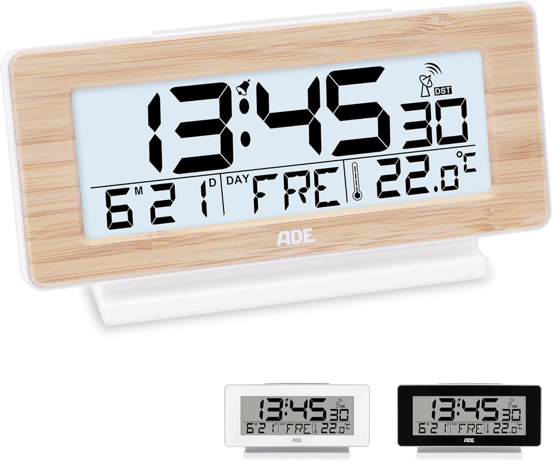 ADE Funkwecker digital mit Batterie | Tischuhr mit Temperaturanzeige und Kalender | Gehäusefront aus