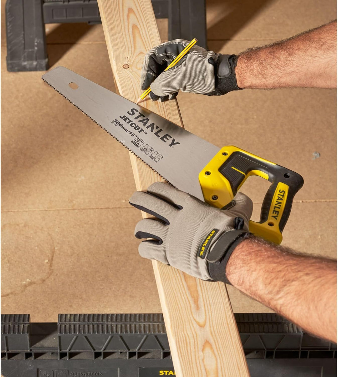 Stanley JetCut Handsäge (fein, 380 mm Länge, 11 Zähne/Inch, Bi-Material, Hardpoint-Verzahnung, 45°/9