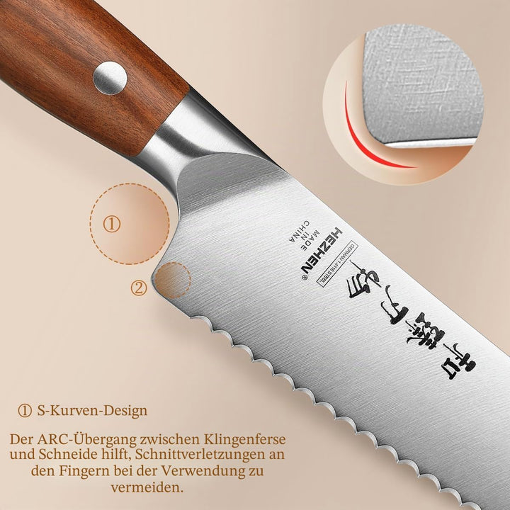HEZHEN 21,5 cm Gezahntes Brotmesser, Rostfreier Stahl Wellenschlif Kuchenmesser, Gezackte Klinge Säg