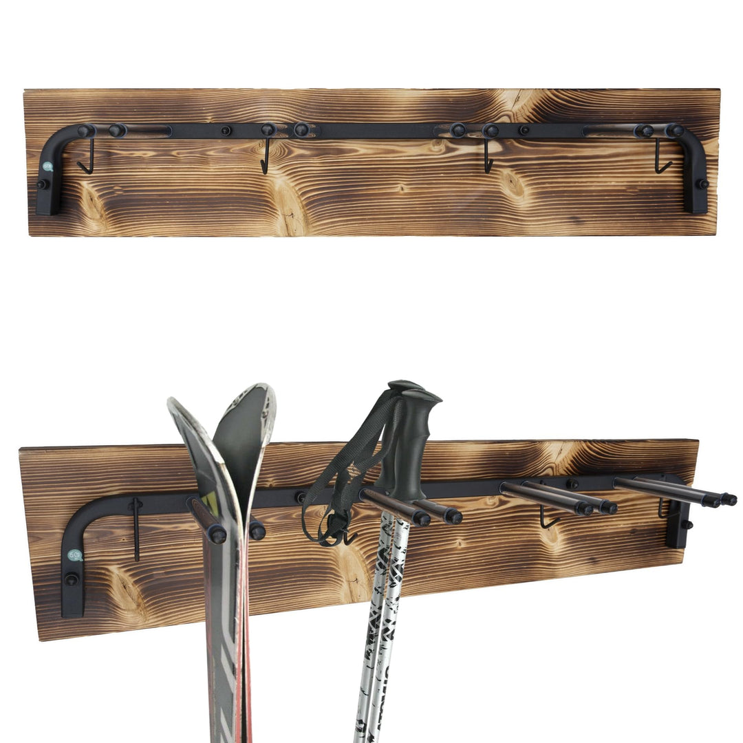 QLS Skihalterung N3 Wand Skihalter für 4 Paare 83 cm Stahl Holz hölzerne Hakenleiste Nordic Walking