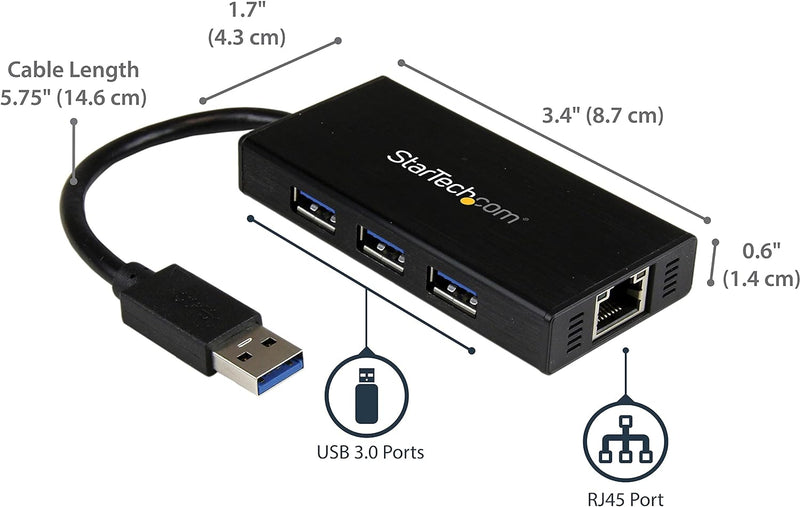 StarTech.com 3 Port USB 3.0 Hub mit Gigabit Ethernet Adapter aus Aluminium - Kompakter USB3 Hub mit