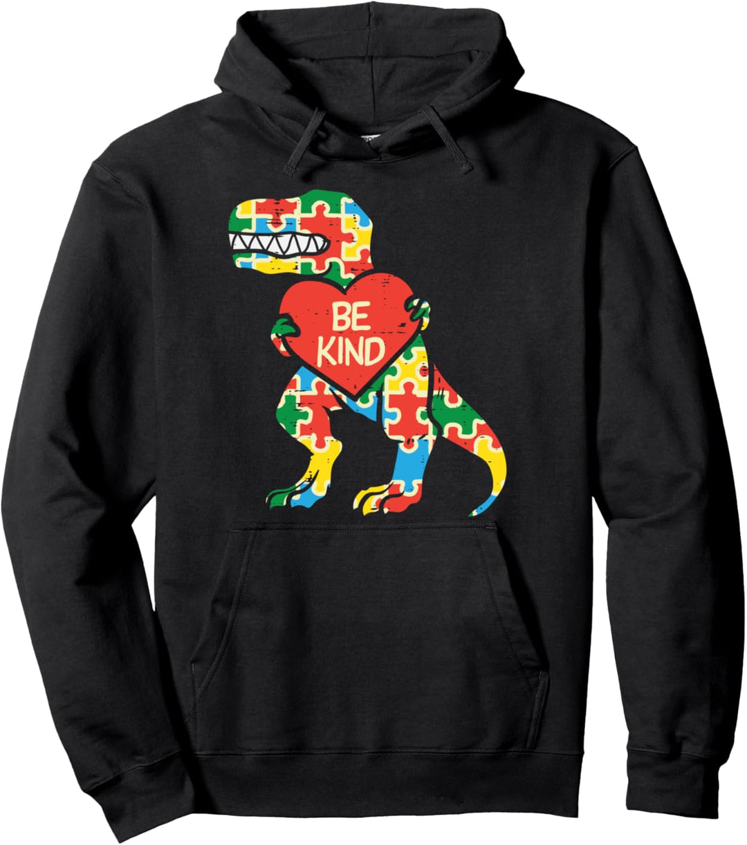 Be Kind Heart Puzzle Trex Dinosaur Autism Awareness Boys Pullover Hoodie