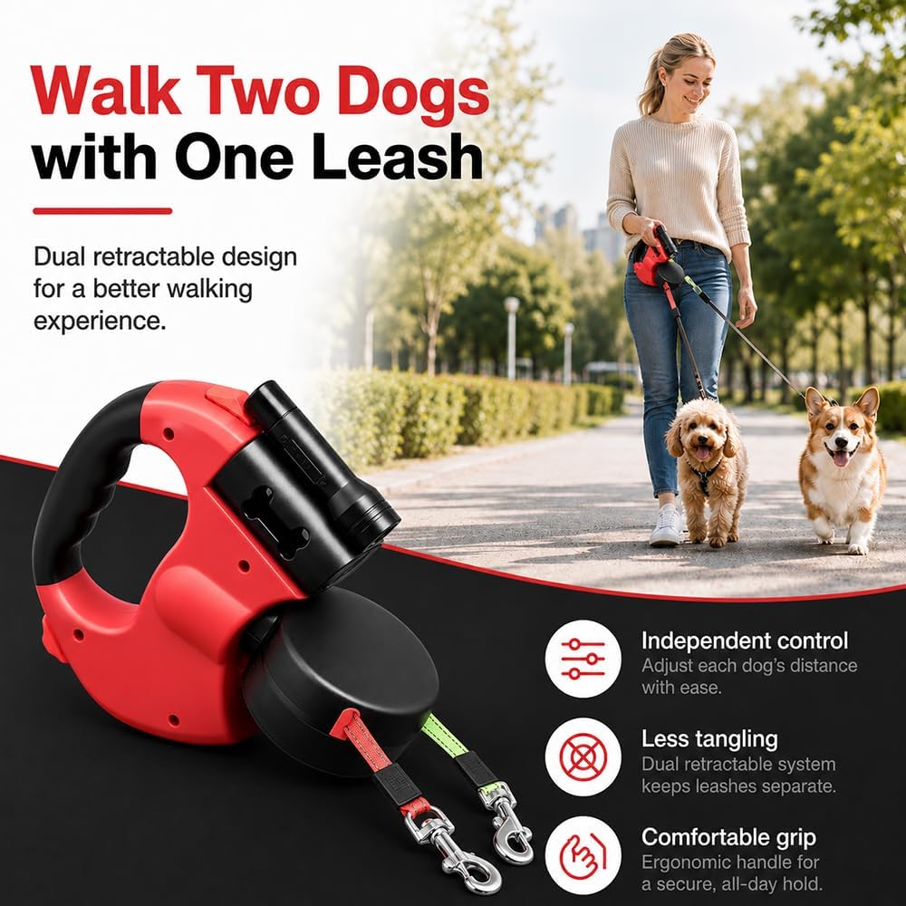 Doppelte Einziehbare Hundeleine, 3M Flexible Einziehbare Hundeleine Doppelleine fur Zwei Hunde mit L