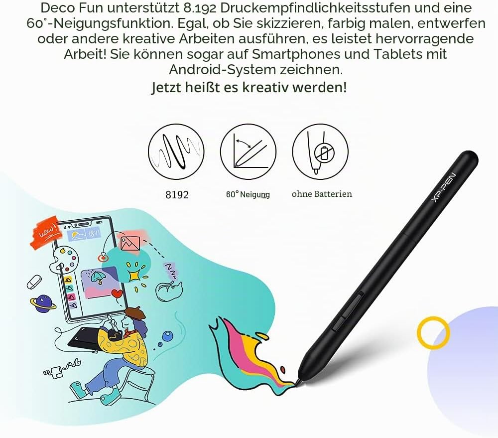 XP-PEN Deco Fun S Grafiktablett mit passivem Stylus-Stift, 8192 Stufen mit 60°-Neigung, 15,2 x 10,2