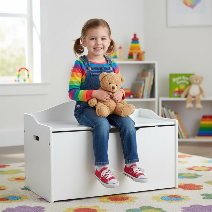 Leomark Kinderbank Hölzerne - Classic White XL - Kindertruhenbank, Behälter für Spielzeug, Truhe für