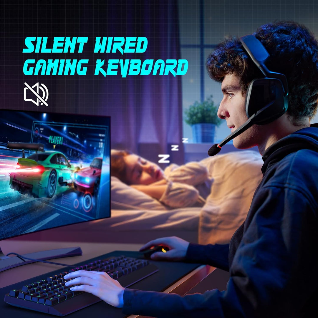 yesbeaut Gaming-Tastatur, 7-farbige Regenbogen-LED-Hintergrundbeleuchtung, 104 Tasten, leise beleuch