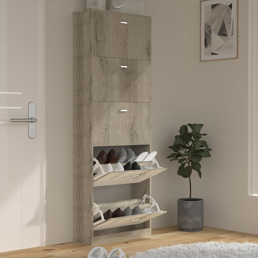VCM Holz Schuhschrank | Masse: H. 170 x B. 59 x T. 22 cm | 5 Klappen - Sipos XL Honig-eiche, Honig-e