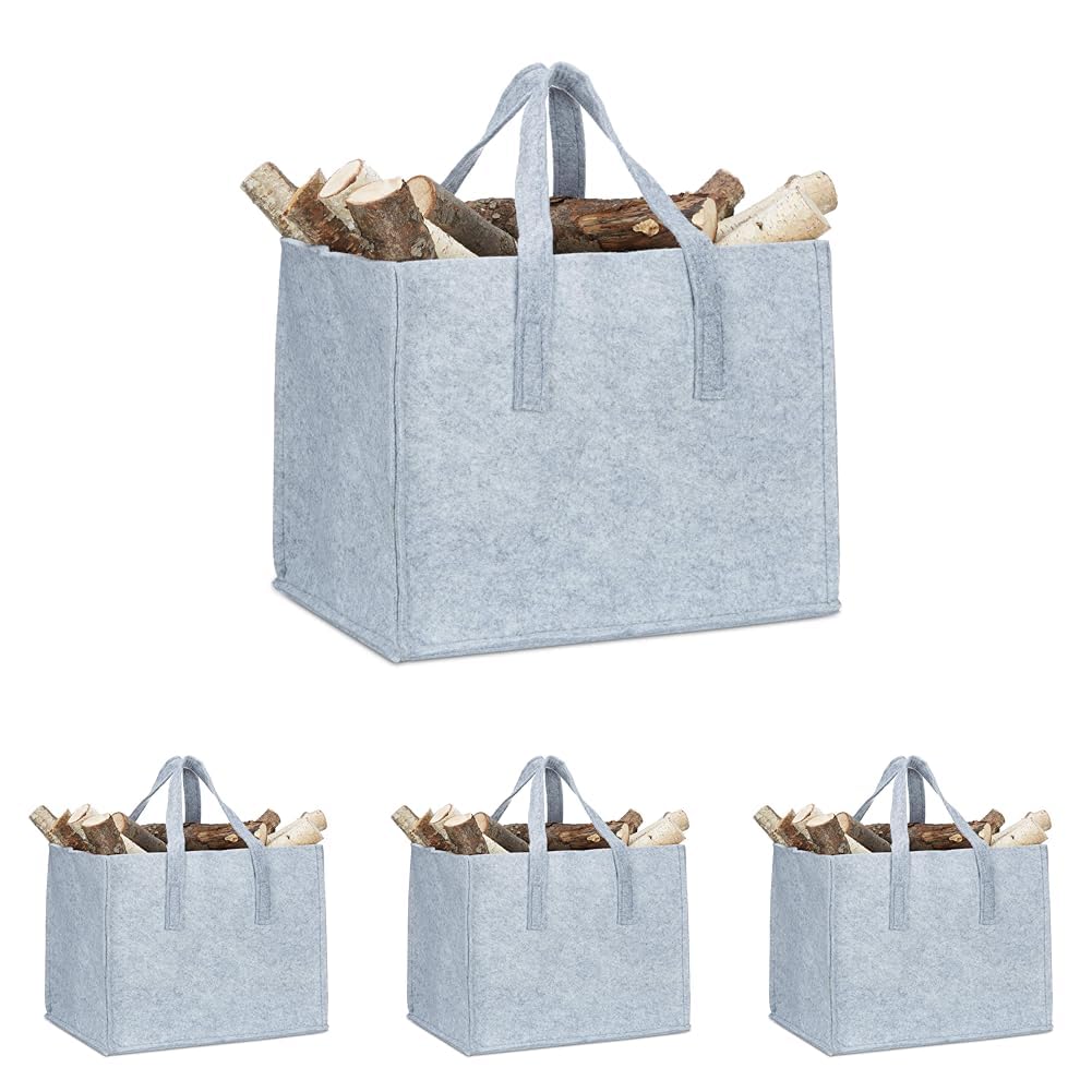 Relaxdays Kaminholzkorb, 2 Griffe, faltbar, Zeitungshalter, Filzkorb Kaminholztasche Filz, Grau, 1 S