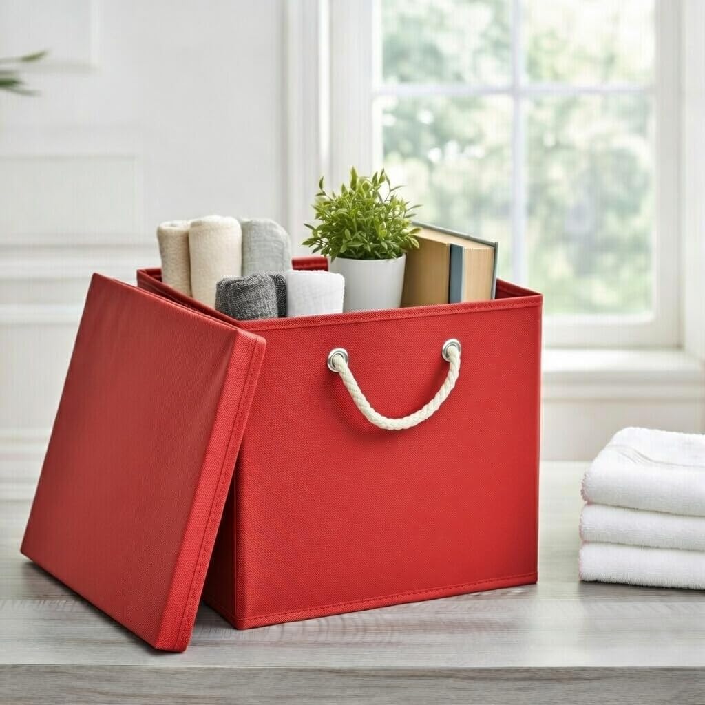 Stick&Shine Faltbare bunte Aufbewahrungsbox mit passendem Deckel - 30 x 30 x 30 cm - Rot Blau, Rot,