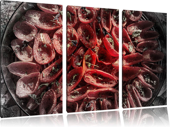 Pixxprint sonnengetrocknete Tomaten mit Olivenöl Basilikum und Kräuter B&W Detail 3-Teiler Leinwandb