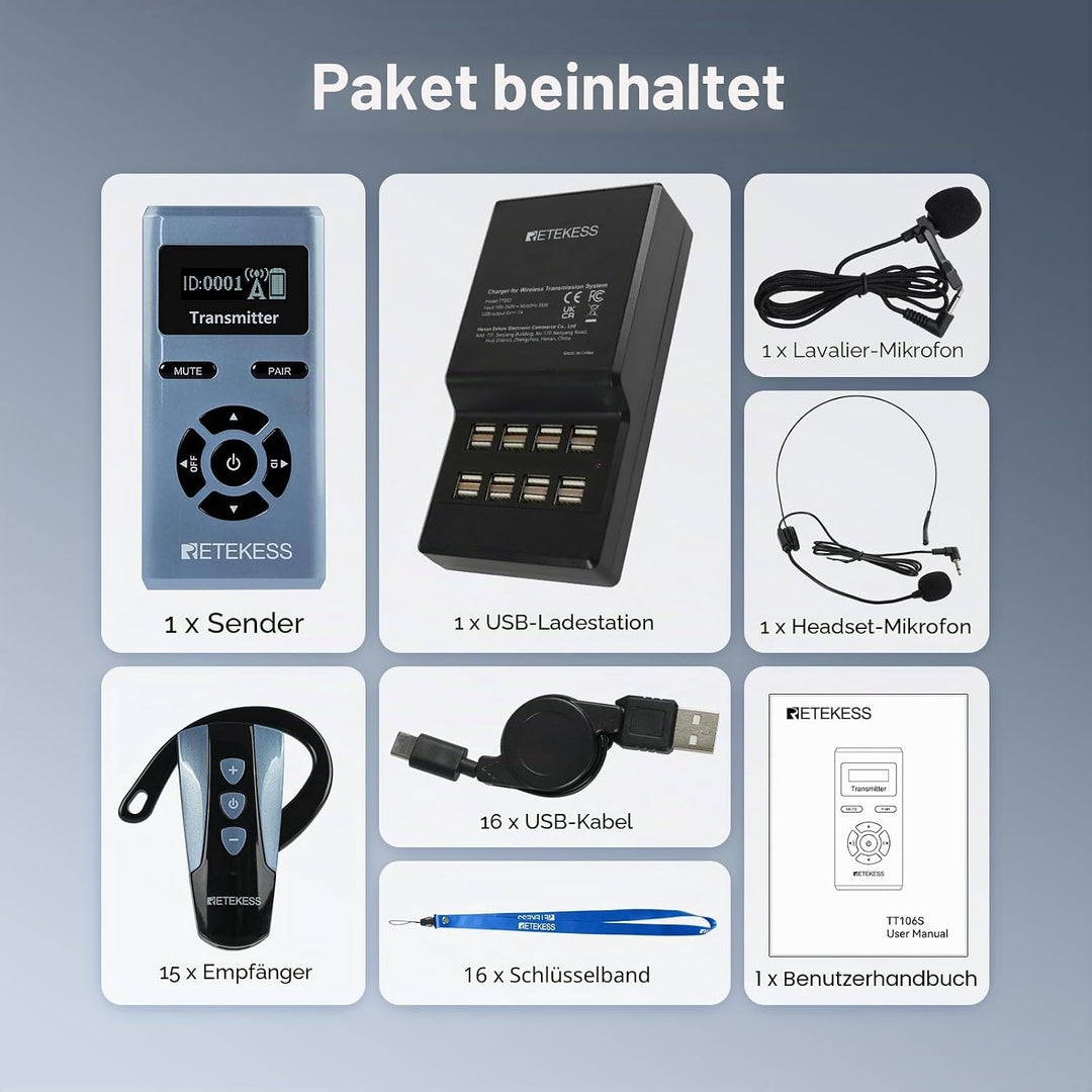 Retekess TT106S Drahtloses Tourguide-System, Tourguide-Headsets, 2.4GHz, One-Touch-Bedienung, USB-La