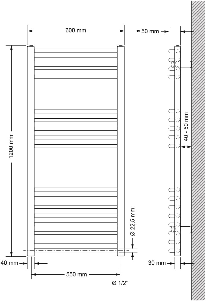 ECD Germany Badheizkörper Elektrisch 600x1200 mm mit Heizstab 1200W Grosse Leistung Weiss gebogen mi