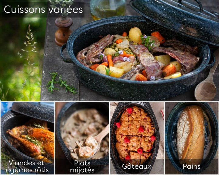 GRANITEWARE - Roaster Bräter aus emailliertem Stahl - Medium - Edelstahlrost + Rezeptbuch