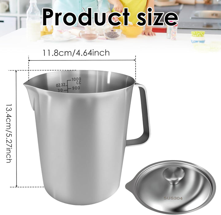1000ml Milchkännchen mit Feiner Graduierung Deckel Messbecher Edelstahl Milk Pitcher Milchkanne Edel