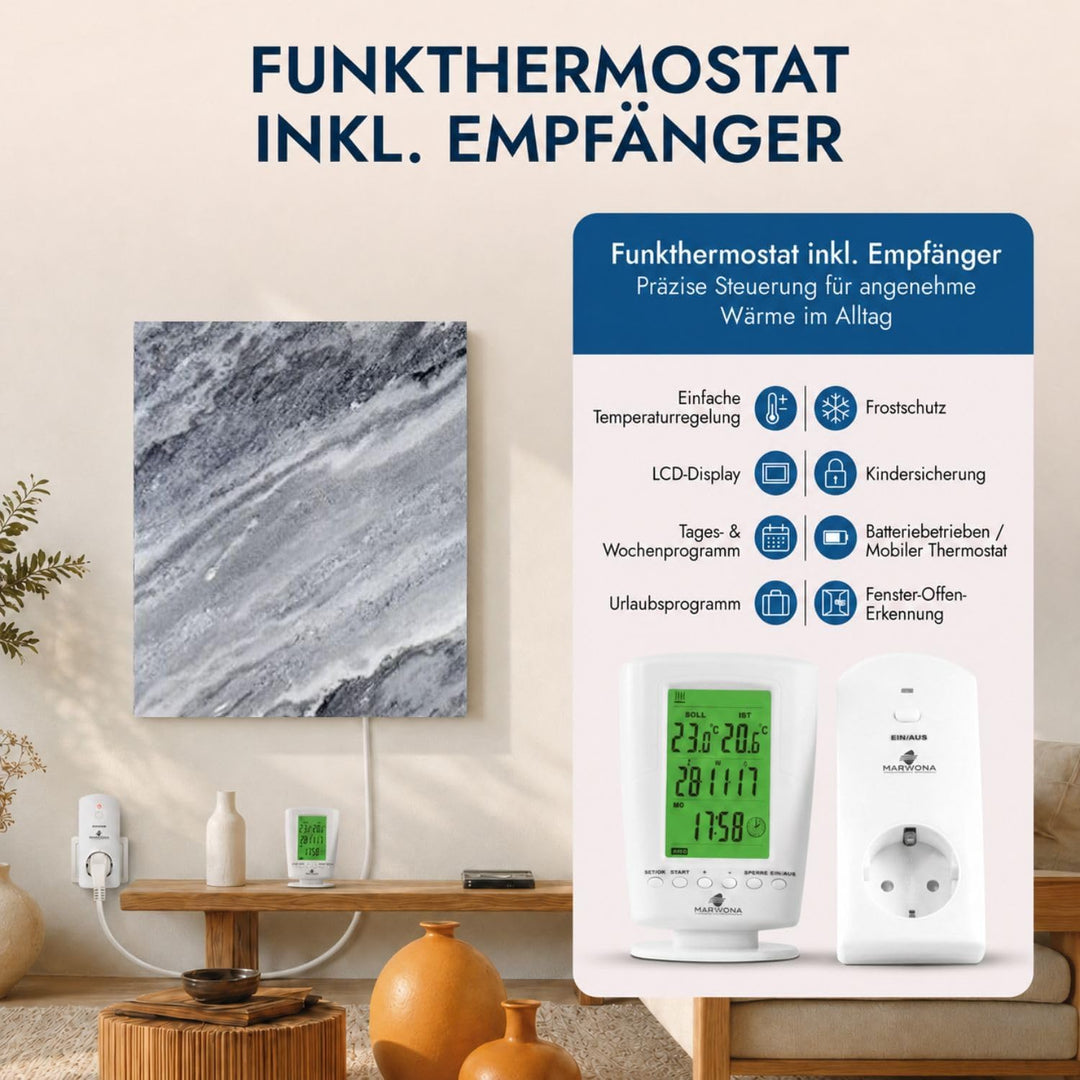 Marwona Naturstein Infrarotheizung mit Digitalthermostat I Qarama 800 W I Energiesparende Marmor Inf