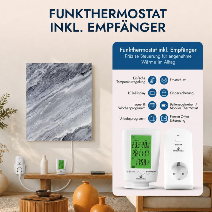 Marwona Naturstein Infrarotheizung mit Digitalthermostat I Qarama 800 W I Energiesparende Marmor Inf
