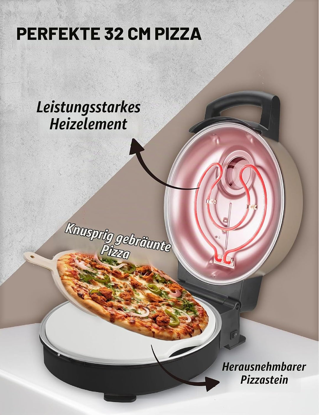Bestron Pizzaofen für knusprige Pizzen in 5-10 Minuten, elektischer Pizzaofen mit bis zu echten 320°
