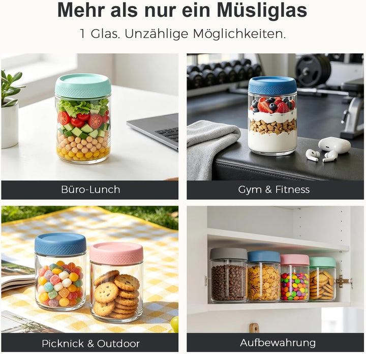 ComSaf Familien Meal Prep Gläser 6er Set 500ml, Grosse Glasdosen mit Deckel Bunt für Büro Frühstück,