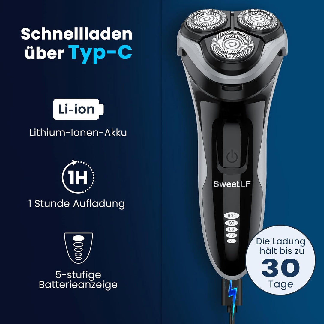 SweetLF [2025 Neu] Rasierer Herren (plus 3 Klingen + 1 Schnellladegerät) mit 3D-Drehkopf, LED-Bildsc