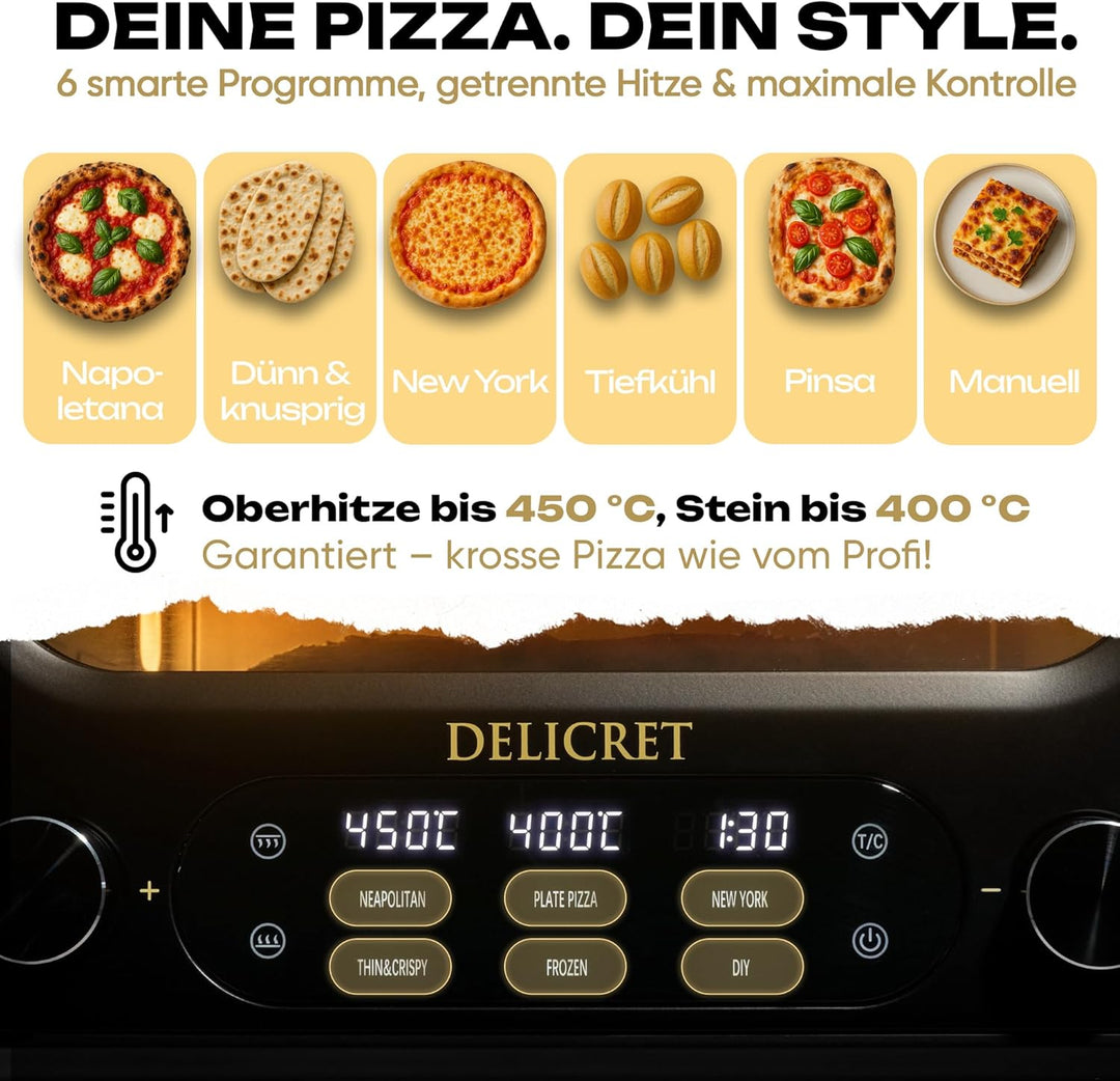 DELICRET elektrischer Pizzaofen 12" - bis zu 450℃ - 1700 Watt - Backraumtemperatur und Steintemperat