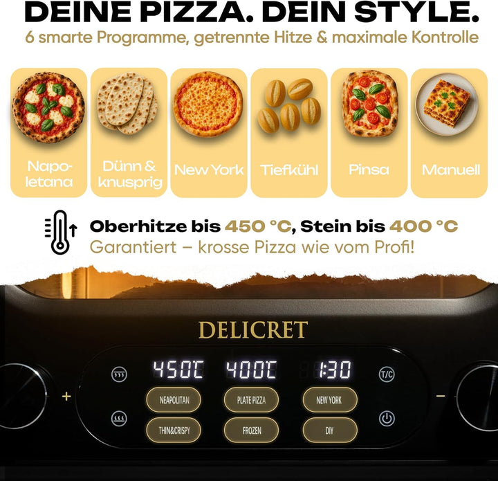 DELICRET elektrischer Pizzaofen 12" - bis zu 450℃ - 1700 Watt - Backraumtemperatur und Steintemperat