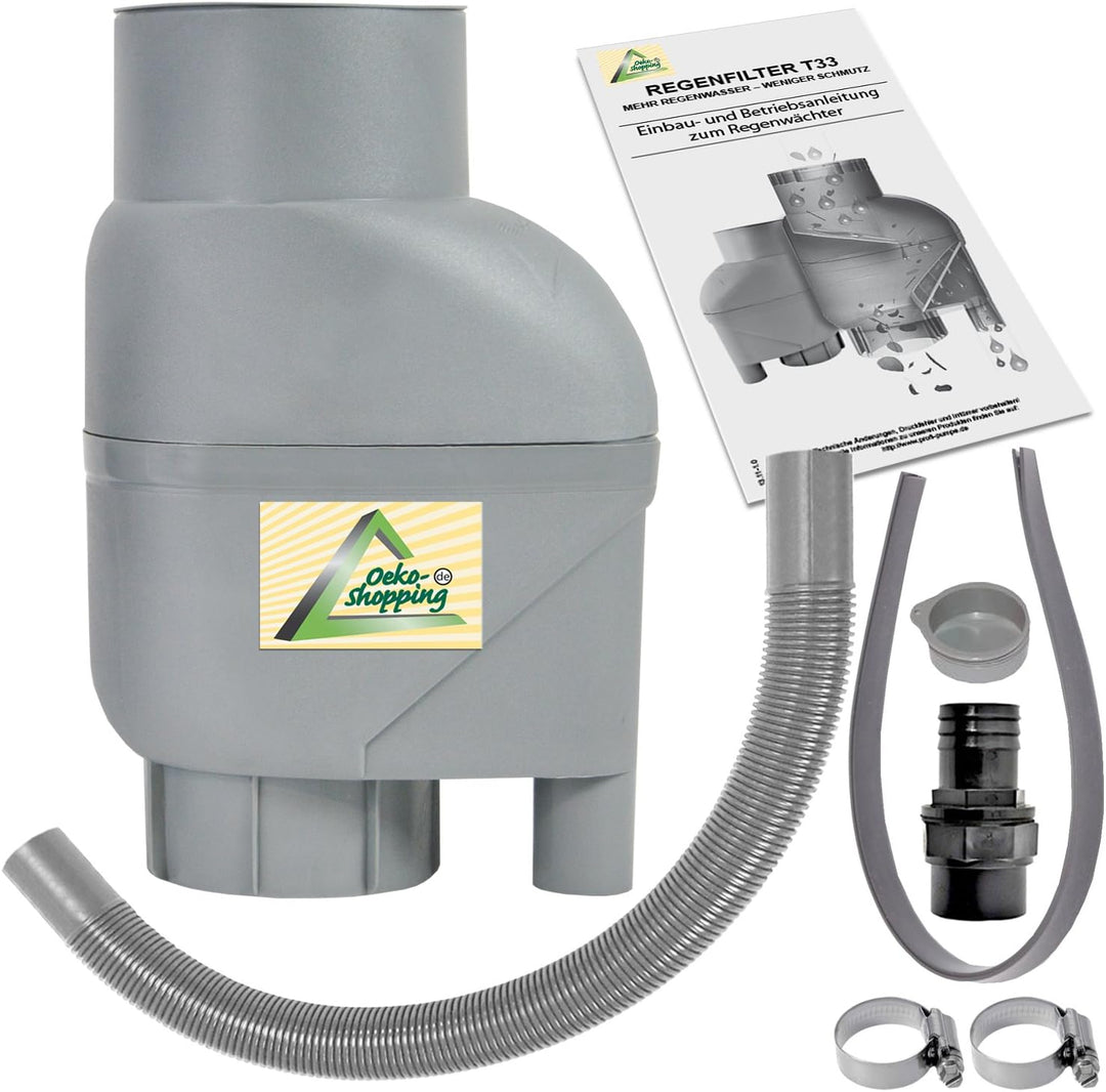 Regensammler Regenfass Regenfilter T33 mit Wasserhahn Regentonne Füllautomat m. Laubabweiser grau, R