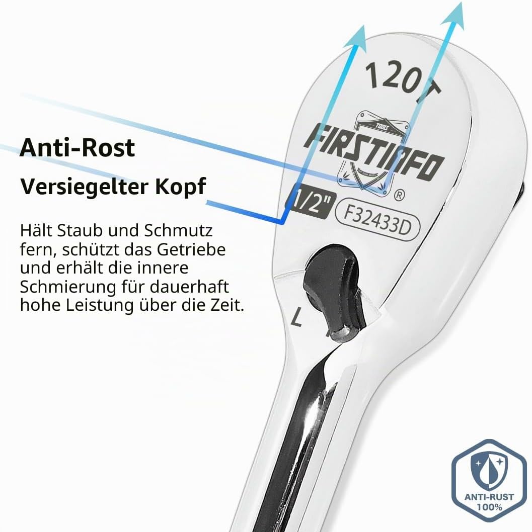 FIRSTINFO F32433D Ratsche 1/2″(12.7 mm) – versiegelter Kopf mit 120 Zähnen | kompakter umkehrbarer K