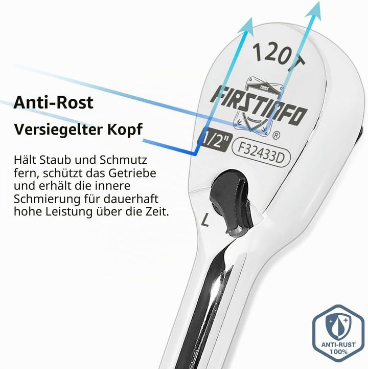FIRSTINFO F32433D Ratsche 1/2″(12.7 mm) – versiegelter Kopf mit 120 Zähnen | kompakter umkehrbarer K