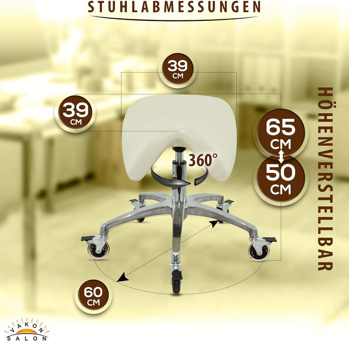 Premium Sattelhocker weiss mit Bremse, Sattelstuhl für Rückenentlastung, Rollhocker höhenverstellbar
