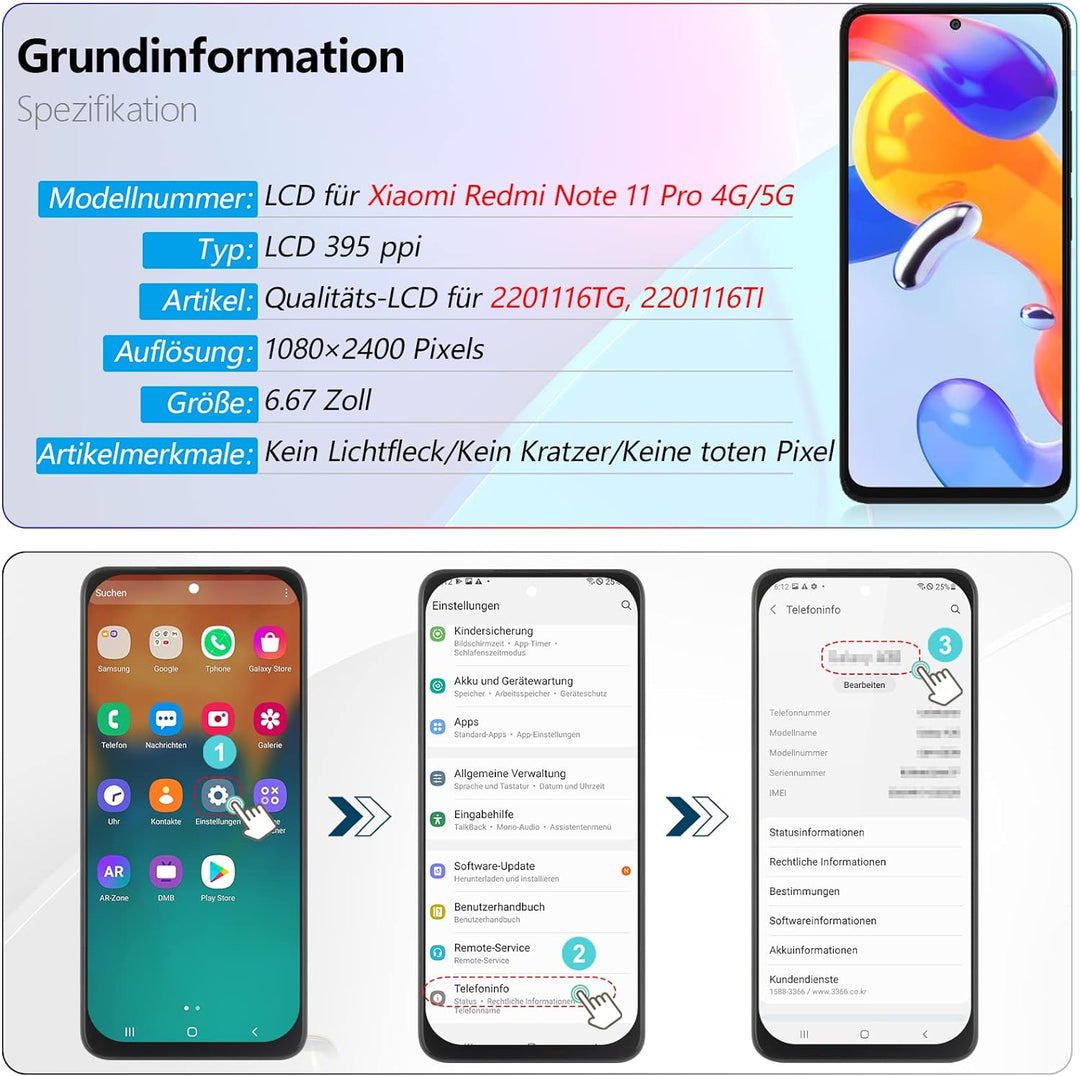 RongZy für Xiaomi Redmi Note 11 Pro LCD Bildschirmersatz für Redmi Note 11 Pro 5G Touchscreen Digita