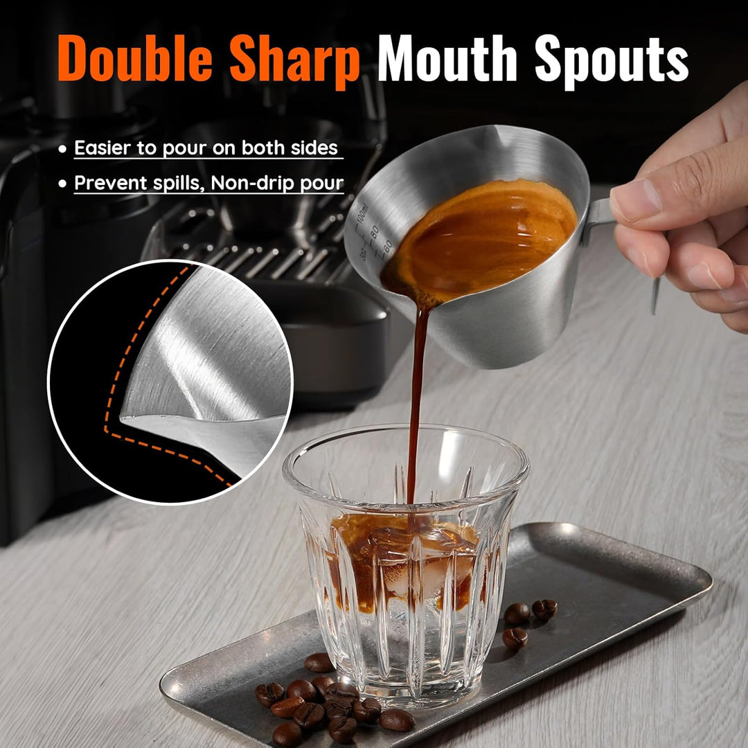 YARRAMATE Espressotassen mit Griff, Edelstahl-Espresso-Zubehör, Doppelausguss, Metall-Messbecher mit