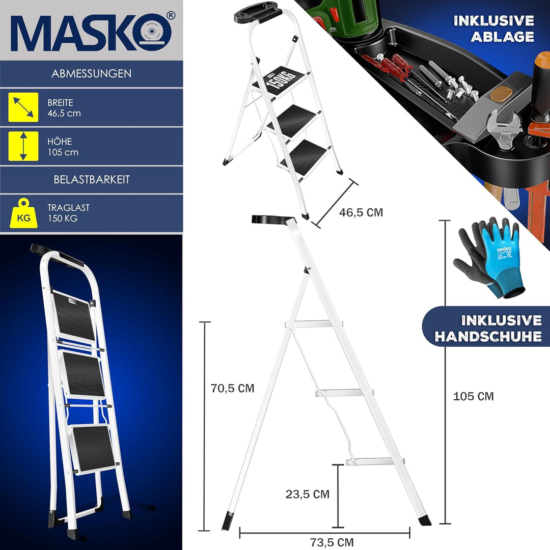MASKO® Trittleiter Klappleiter 3 Stufen-Leiter Stufenleiter belastbar bis 150 kg | Tritthocker Anti-