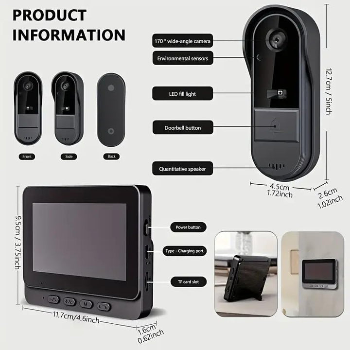 Smart Video Türklingel mit 4.3" HD Innenmonitor Kabellose Türklingel Wasserdicht 1080P HD-Monitor, 1
