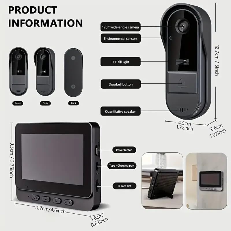 Video Türklingel mit Kamera, IP65 Wasserdicht Drahtlose Funk-Türklingel mit 4,3” Display Gegensprech