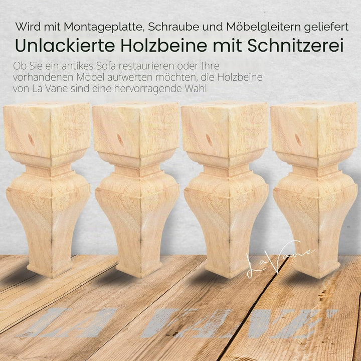La Vane Möbelbeine aus Holz, geschnitzte Geometrie, unlackierte Ersatzfüsse mit Montageplatte und Sc