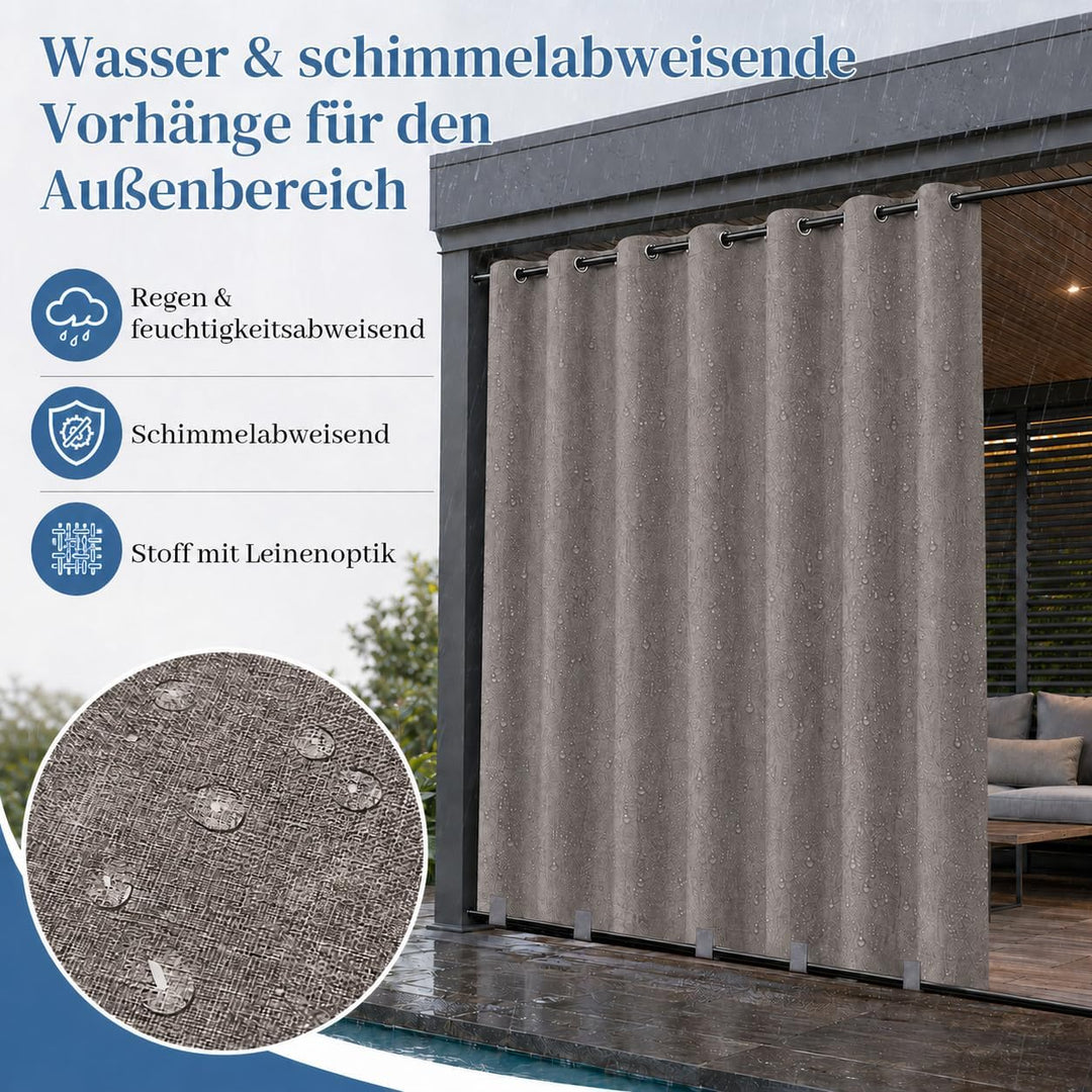 Rosnek Outdoor Vorhang Wetterfest Extra Breit B254 x H244 cm, 100% Blickdicht Winddicht mit Ösen Obe