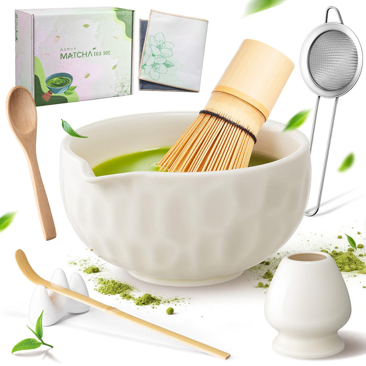 8 Stück Matcha Set Beige mit Besenhalter | Edelstahl-Sieb für klumpenfreien Matcha | Inkl Bambus bes