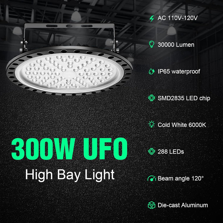 Viugreum Led Hallenstrahler, 300W UFO LED, 6000K-6500K Kaltweiss 120°Abstrahlwinkel Industrielampe,