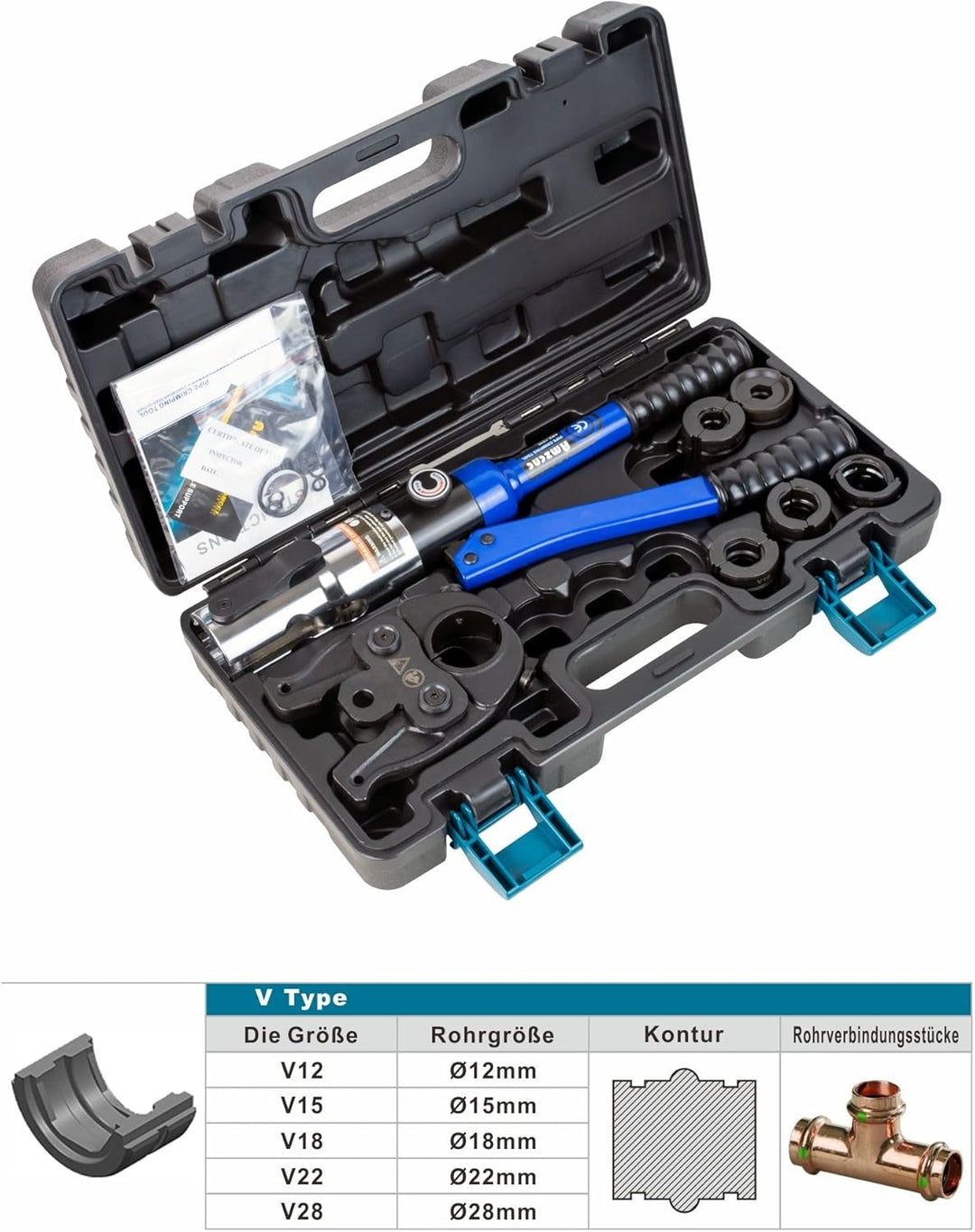 AMZCNC Profi Presszange (hydraulisch) Presswerkzeug V-Kontur(SC-Kontur) 12-15-18-22-28 Set Presswerk