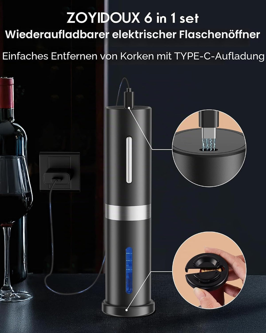 Wiederaufladbarer elektrischer Korkenzieher, elektrischer Weinöffner 6 in 1 Set Mit Folienschneider,